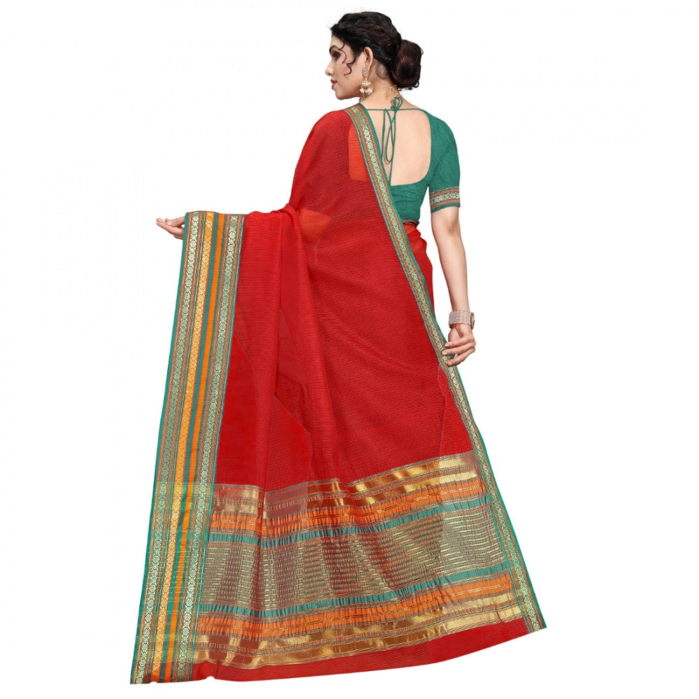 Generic Women's Kota Doria Cotton Bordered Saree With Blouse (Red, 5-6 Mtrs)