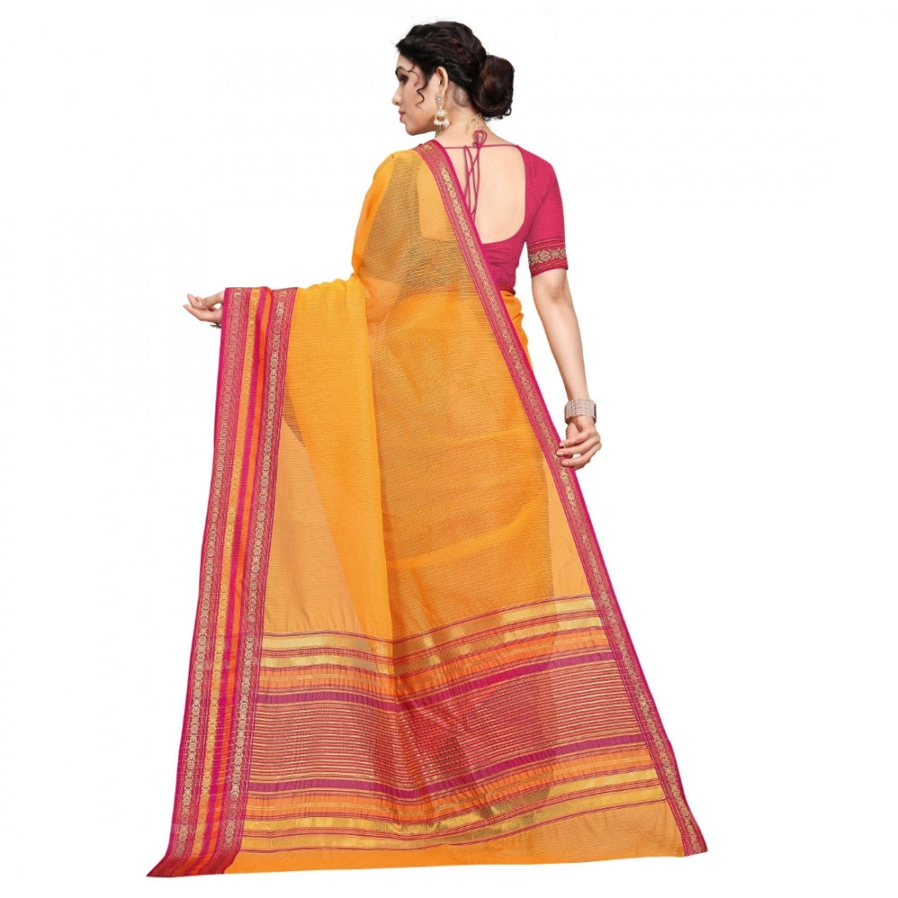 Generic Women's Kota Doria Cotton Bordered Saree With Blouse (Gold, 5-6 Mtrs)