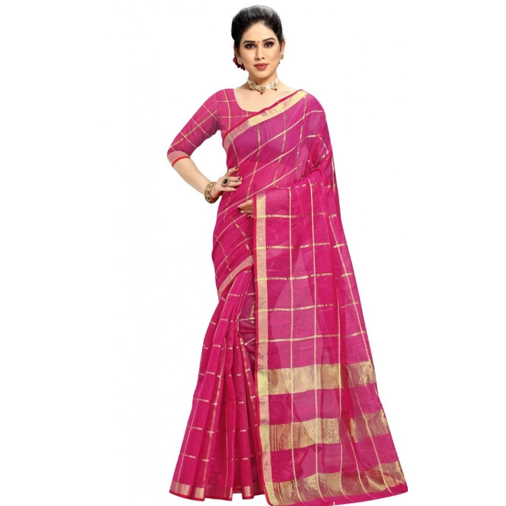 Generic Women's Kota Doria Cotton Checkered Saree With Blouse (Rani, 5-6 Mtrs)