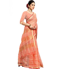 Generic Women's Kota Doria Cotton Checked Saree With Blouse (Peach, 5-6 Mtrs)