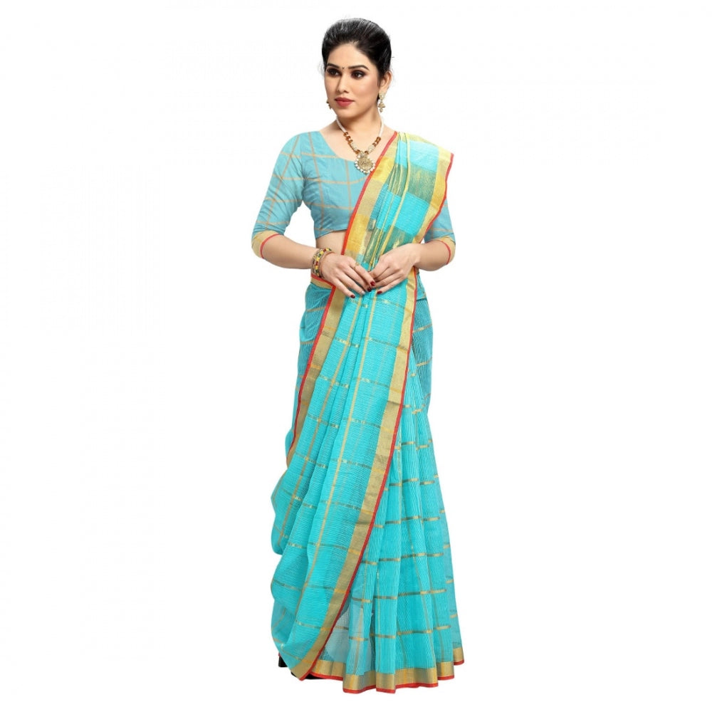 Generic Women's Kota Doria Cotton Checkered Saree With Blouse (Sky Blue, 5-6 Mtrs)