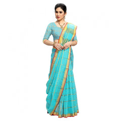 Generic Women's Kota Doria Cotton Checked Saree With Blouse (Sky Blue, 5-6 Mtrs)