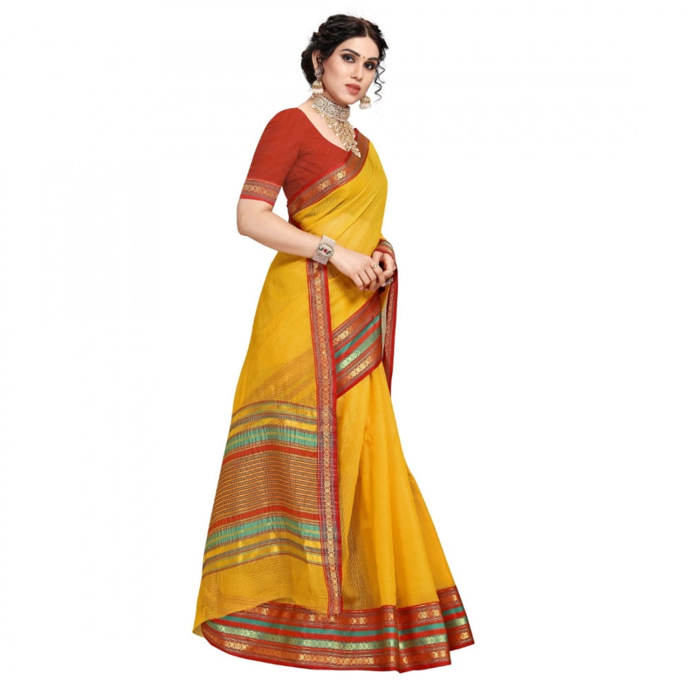 Generic Women's Kota Doria Cotton Bordered Saree With Blouse (Yellow, 5-6 Mtrs)