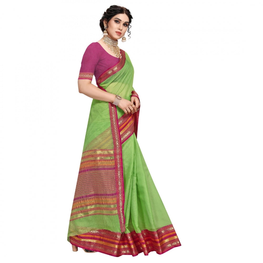 Generic Women's Kota Doria Cotton Bordered Saree With Blouse (Light Green, 5-6 Mtrs)