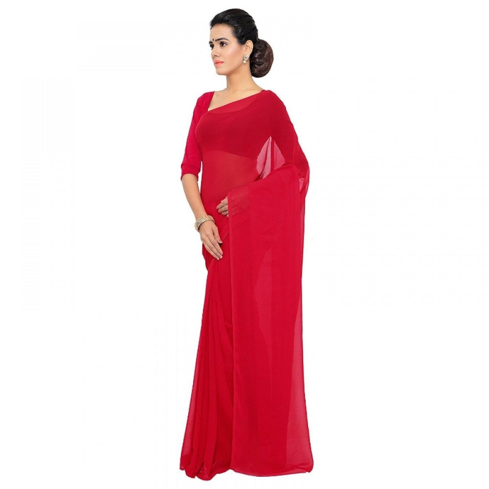 Generic Women's Georgette Plain Saree With Blouse (Red, 5-6 Mtrs)