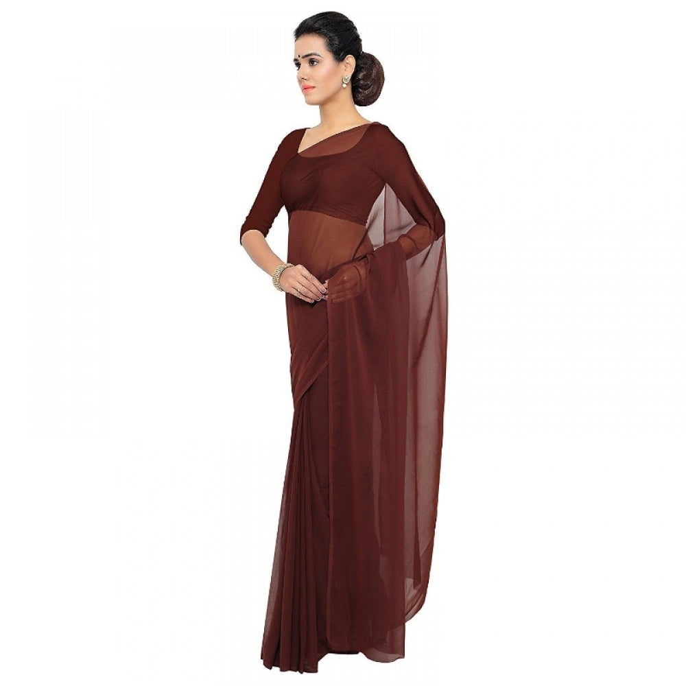 Generic Women's Georgette Plain Saree With Blouse (Coffee, 5-6 Mtrs)