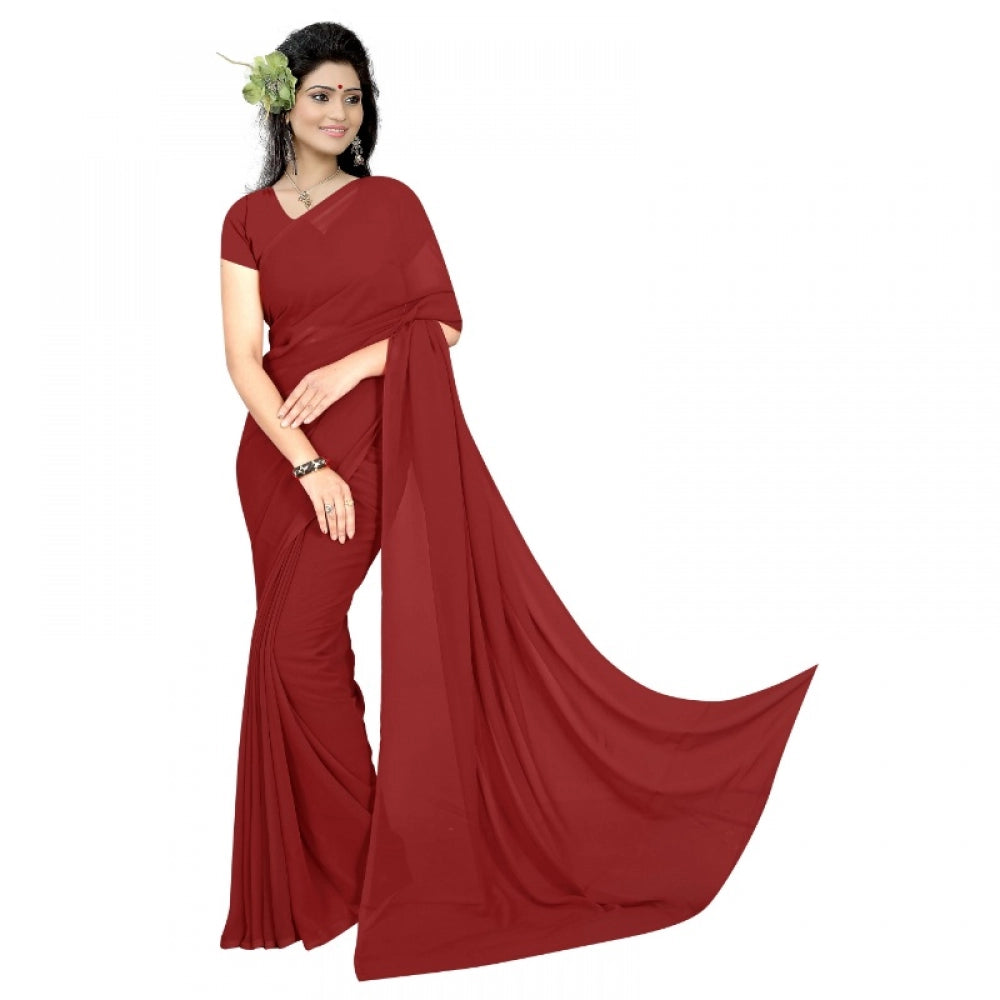 Generic Women's Georgette Plain Saree With Blouse (Maroon, 5-6 Mtrs)