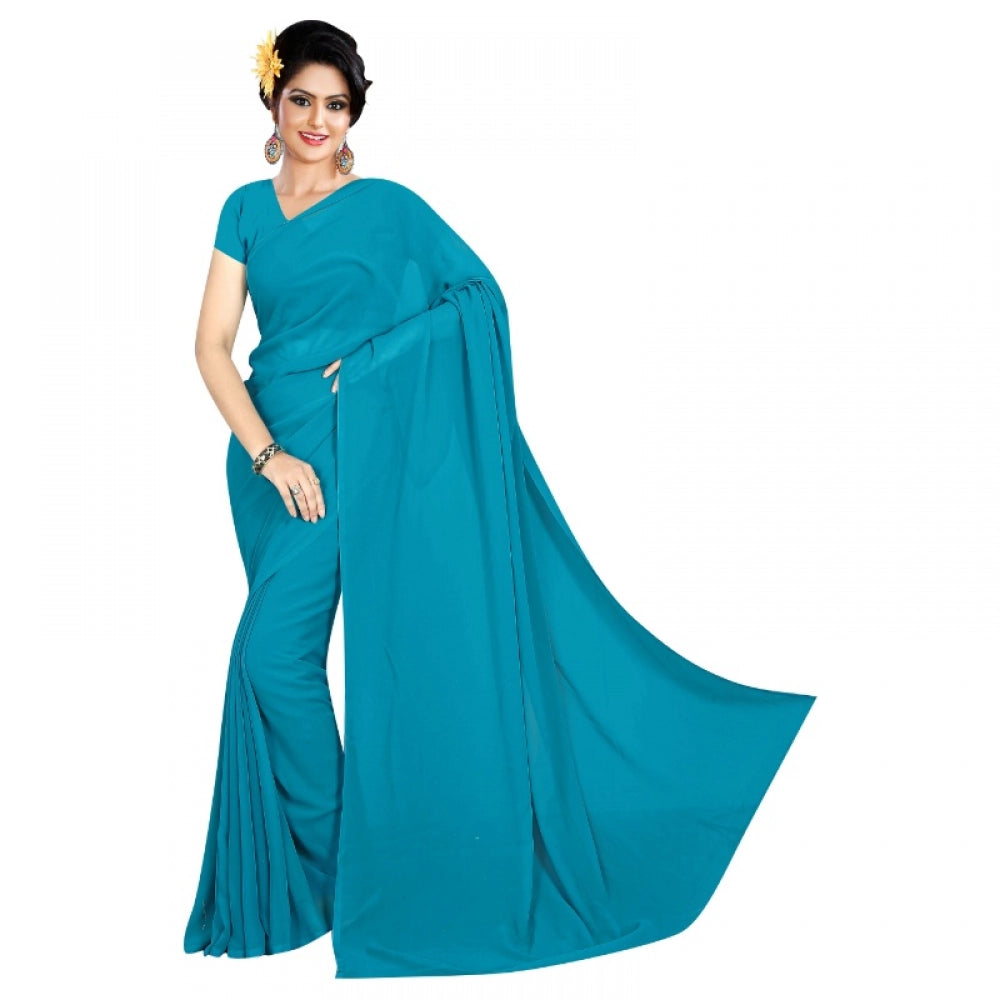 Generic Women's Georgette Plain Saree With Blouse (Dark Firozi, 5-6 Mtrs)