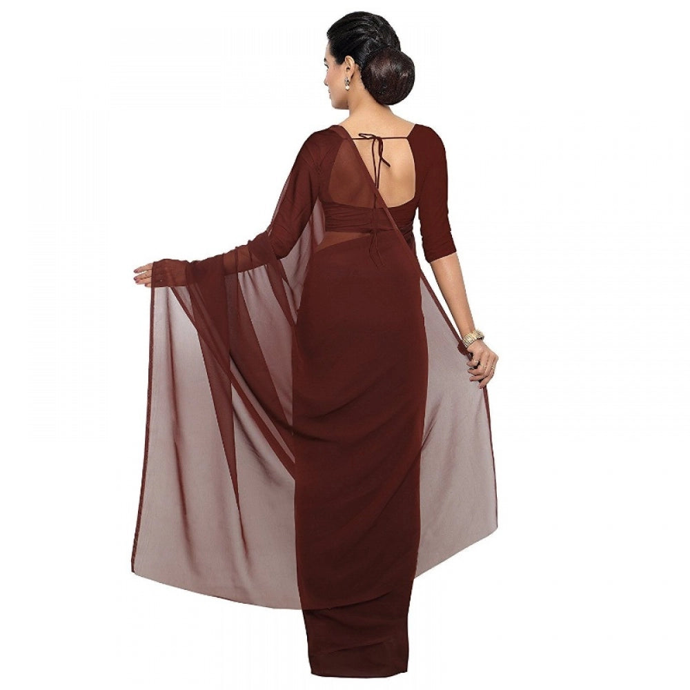 Generic Women's Georgette Plain Saree With Blouse (Coffee, 5-6 Mtrs)