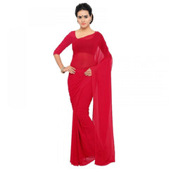 Generic Women's Georgette Plain Saree With Blouse (Red, 5-6 Mtrs)