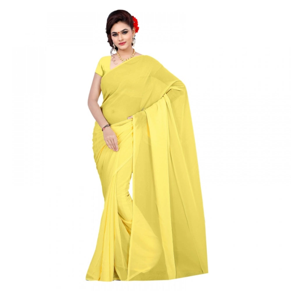 Generic Women's Georgette Plain Saree With Blouse (Lemon Yellow, 5-6 Mtrs)