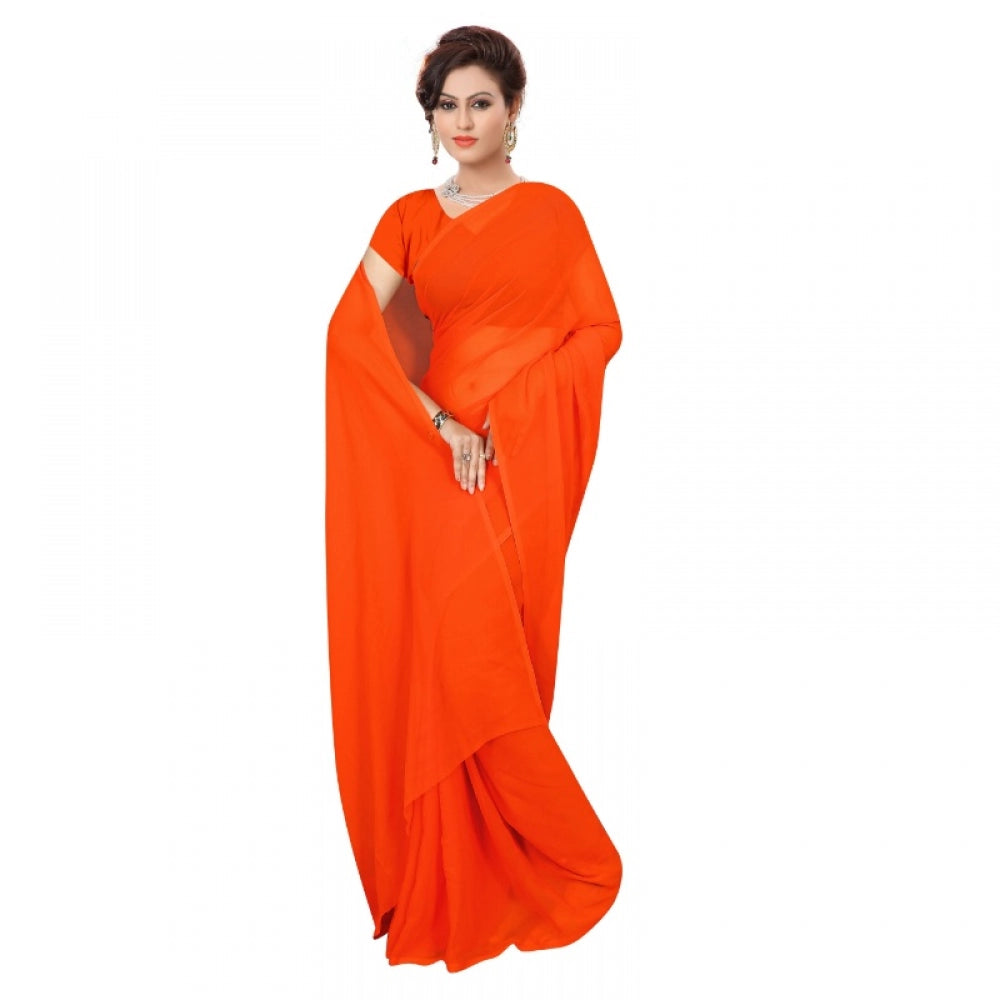 Generic Women's Georgette Plain Saree With Blouse (Orange, 5-6 Mtrs)