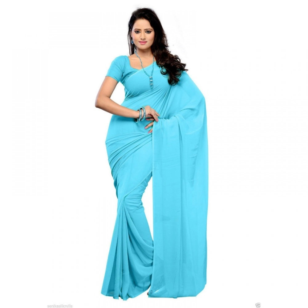 Generic Women's Georgette Plain Saree With Blouse (Sky Blue, 5-6 Mtrs)