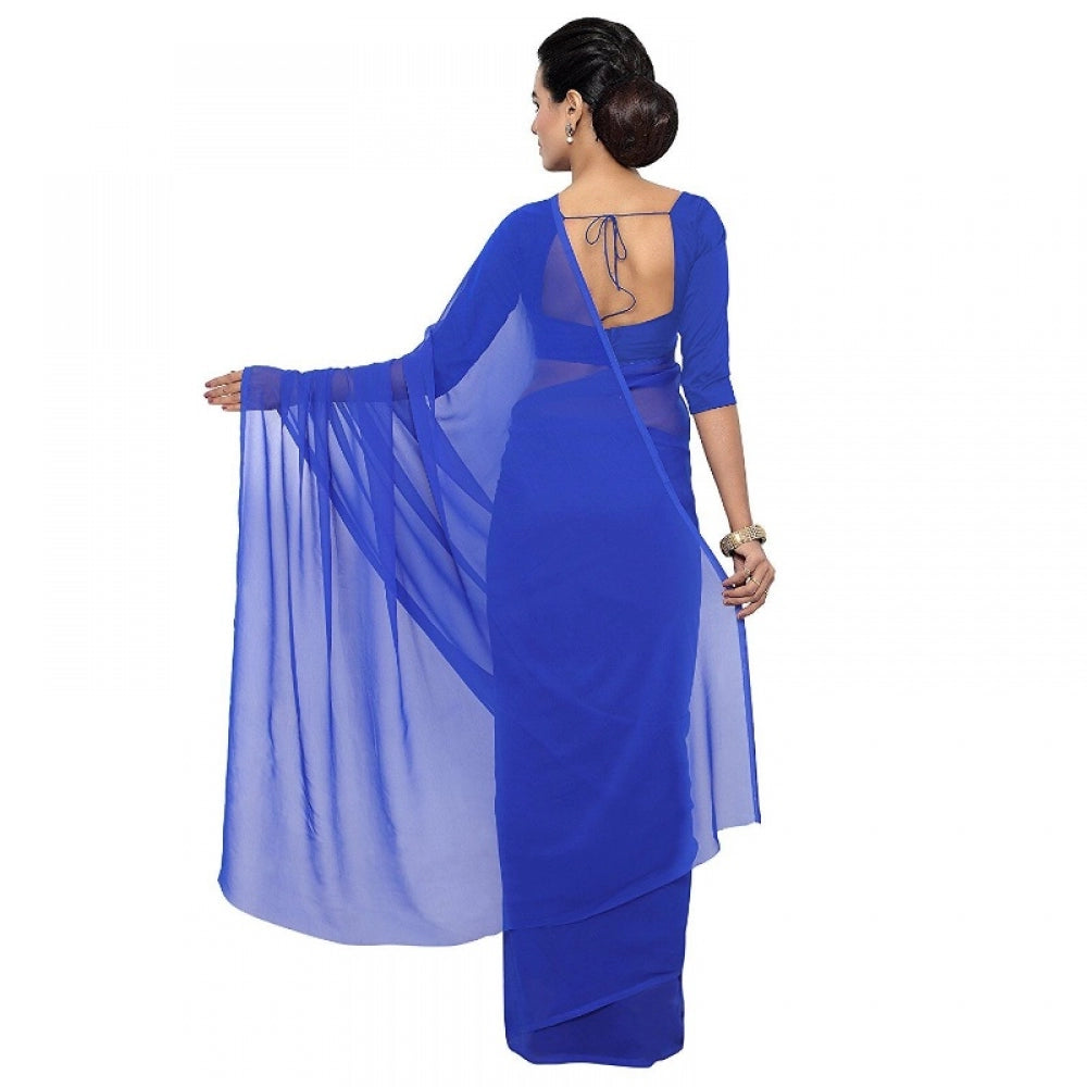 Generic Women's Georgette Plain Saree With Blouse (Royal Blue, 5-6 Mtrs)