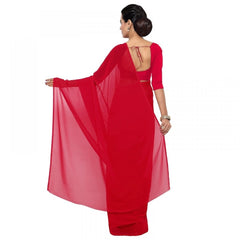 Generic Women's Georgette Plain Saree With Blouse (Red, 5-6 Mtrs)