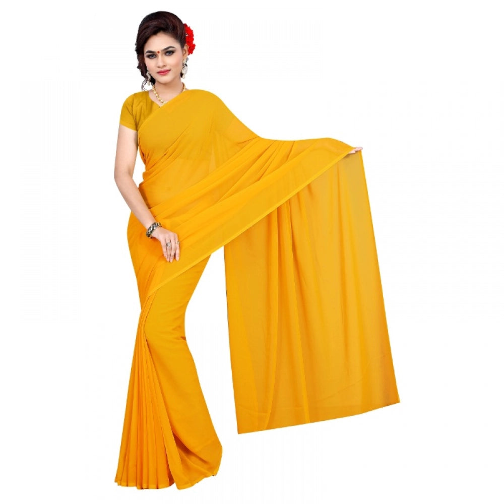 Generic Women's Georgette Plain Saree With Blouse (Gold, 5-6 Mtrs)