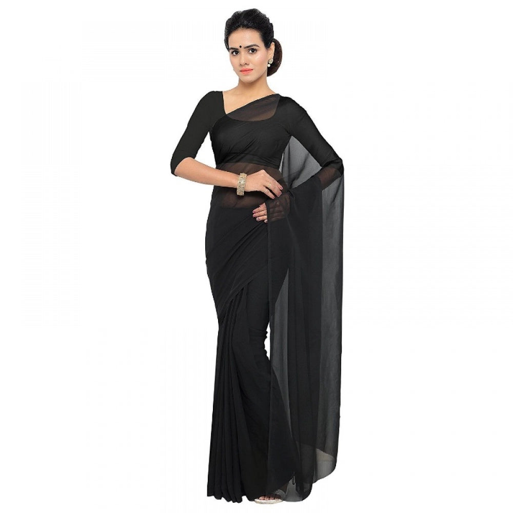 Generic Women's Georgette Plain Saree With Blouse (Black, 5-6 Mtrs)