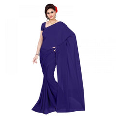 Generic Women's Georgette Plain Saree With Blouse (Navy Blue, 5-6 Mtrs)