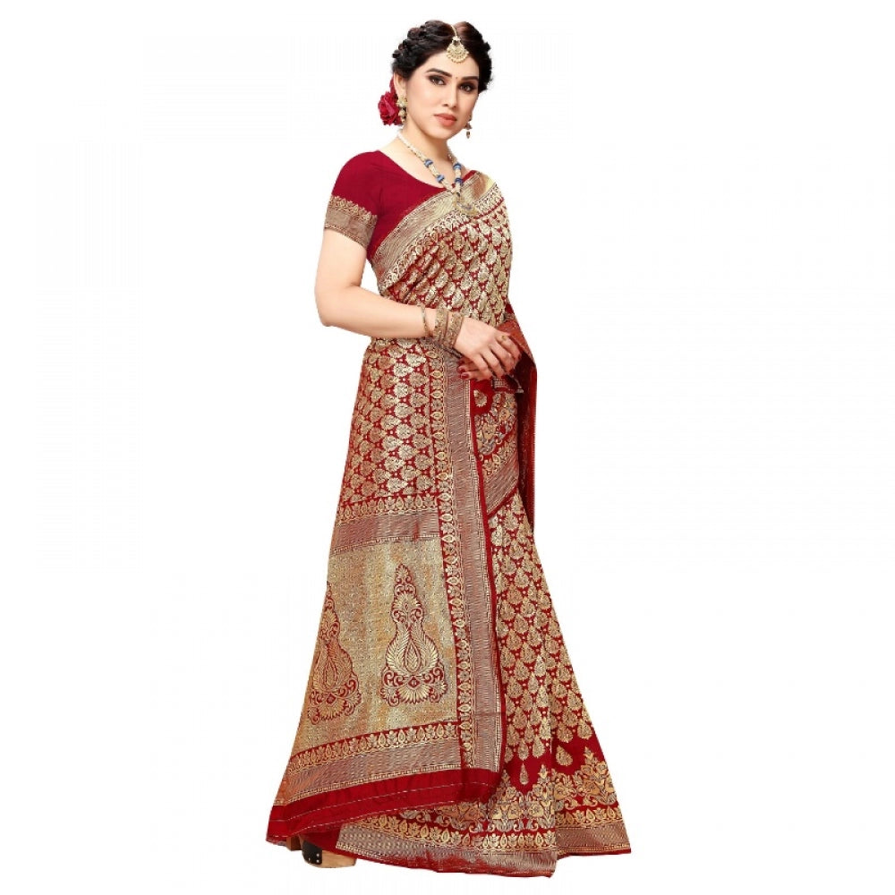 Generic Women's Jacquard Silk Kanjivaram Jacquard Silk Saree With Blouse (Red, 5-6 Mtrs)