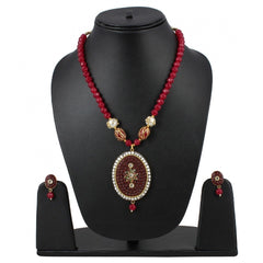 Stilvolles, kastanienbraunes, vergoldetes traditionelles Kundan-Halskettenset mit Ohrringen für Damen (Farbe: Rot)