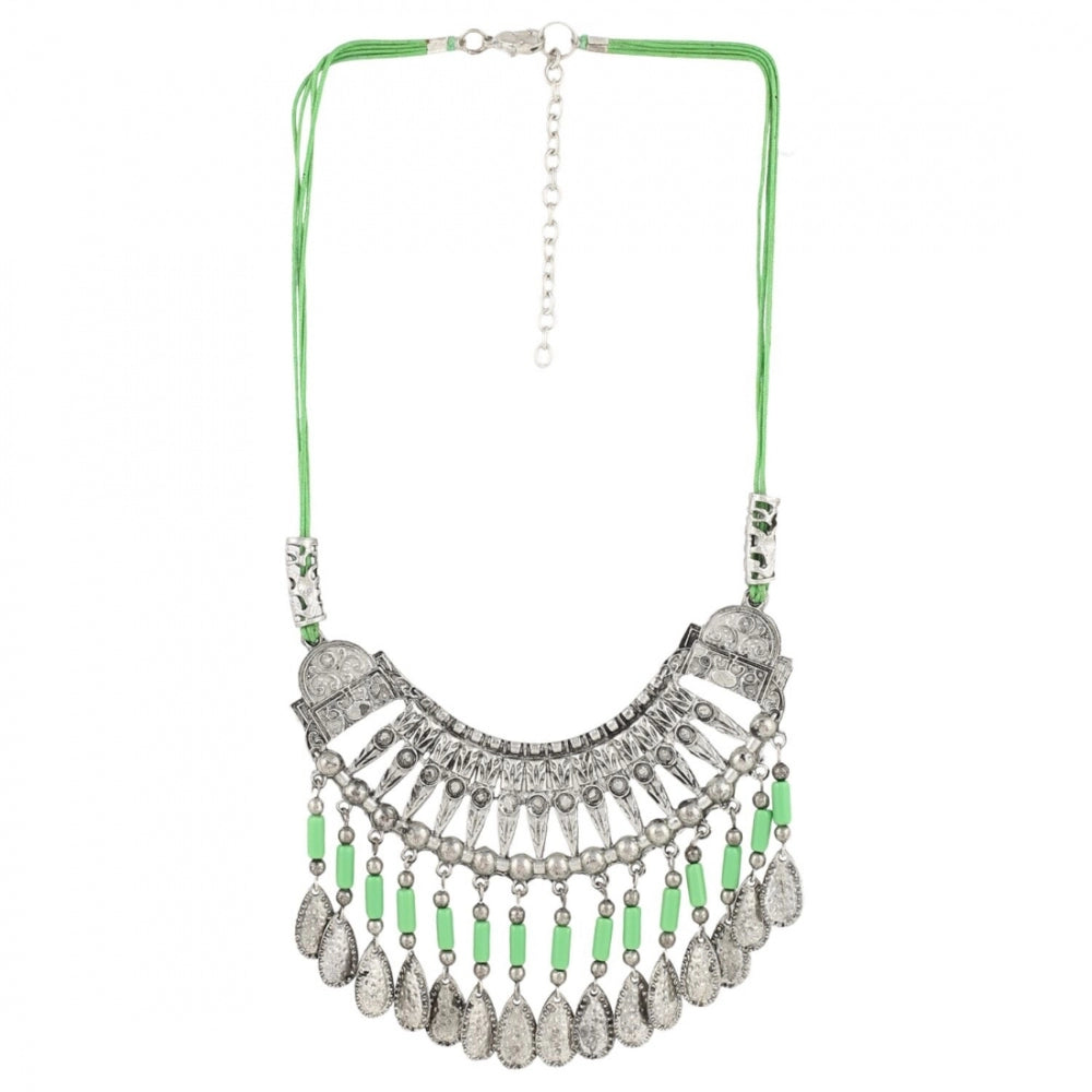 Generic Women's Oxidized German Silver Green Beads Necklace (Color: Green)