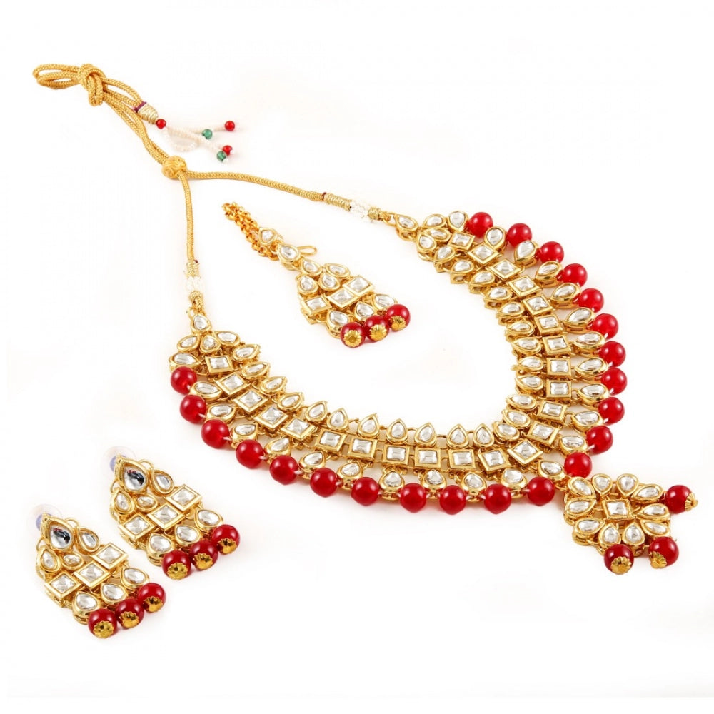 Generic Maroon Beads Gold Plated Kundan Necklace Set For Women