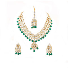 Generic Green Beads Gold Plated Kundan Necklace Set For Women