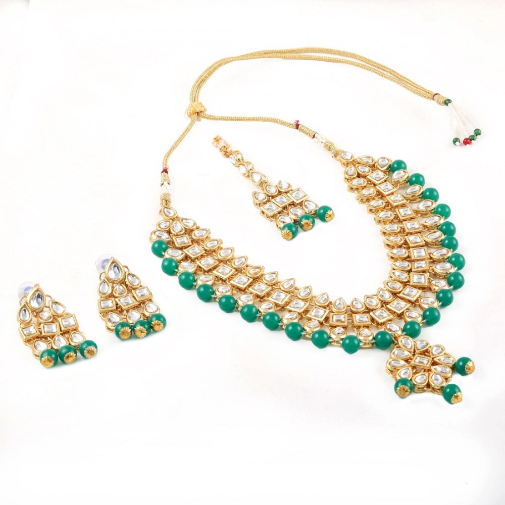 Generic Green Beads Gold Plated Kundan Necklace Set For Women