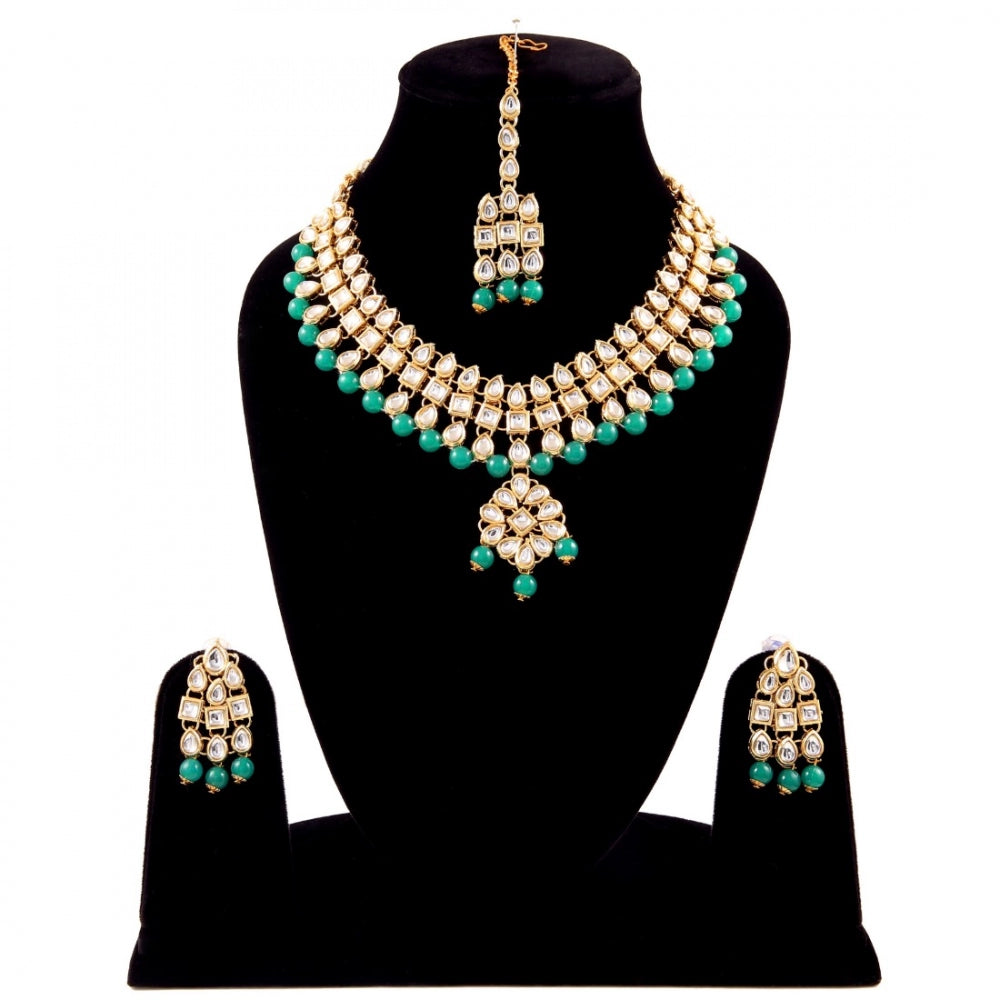 Generic Green Beads Gold Plated Kundan Necklace Set For Women