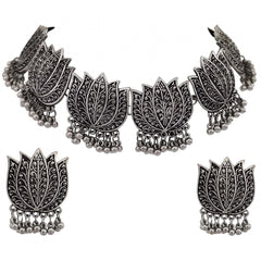 Generic Antique Silver Oxidised Tribal Afghani Necklace With Earrings Set For Women