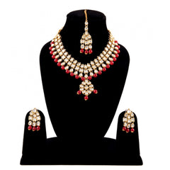 Generic Maroon Beads Gold Plated Kundan Necklace Set For Women