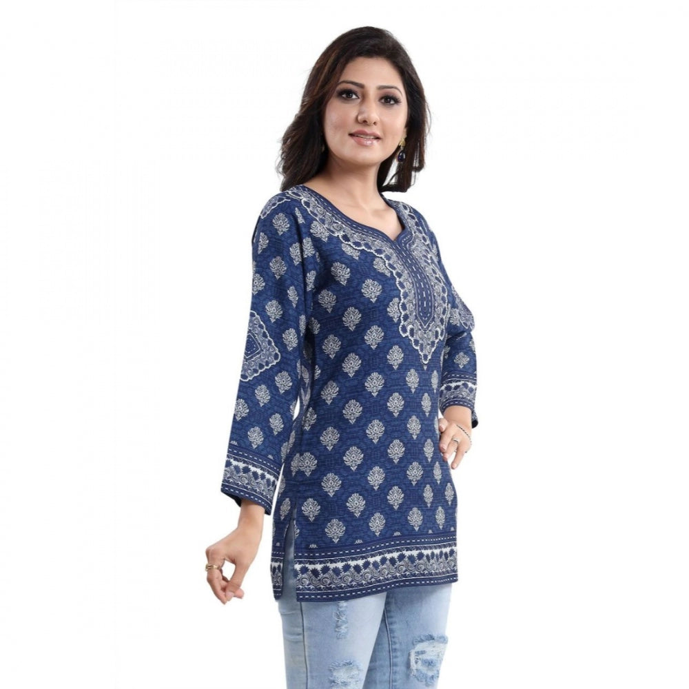 Generic Women's Quarter Sleeve Faux Crepe Printed Short Kurti Tunic Top (Color:Blue)