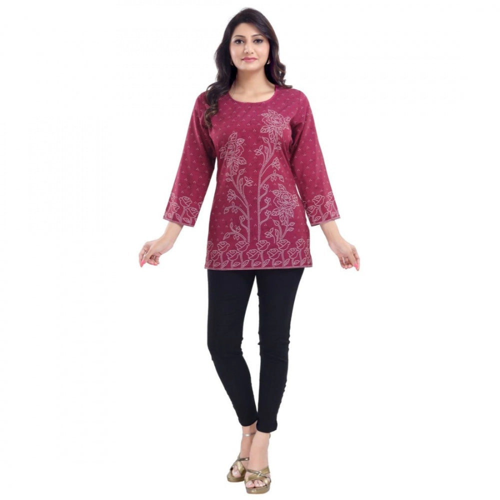 Generic Women's Quarter Sleeve Faux Crepe Printed Short Kurti Tunic Top (Color:Magenta)