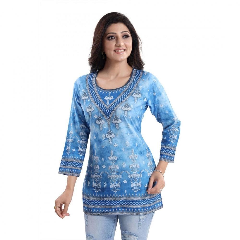 Generic Women's Quarter Sleeve Faux Crepe Printed Short Kurti Tunic Top (Color:Sky Blue)