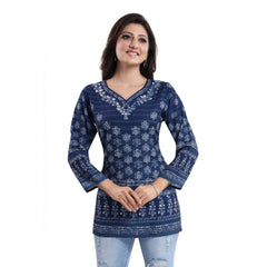 Generic Women's Quarter Sleeve Faux Crepe Printed Short Kurti Tunic Top (Color:Blue)