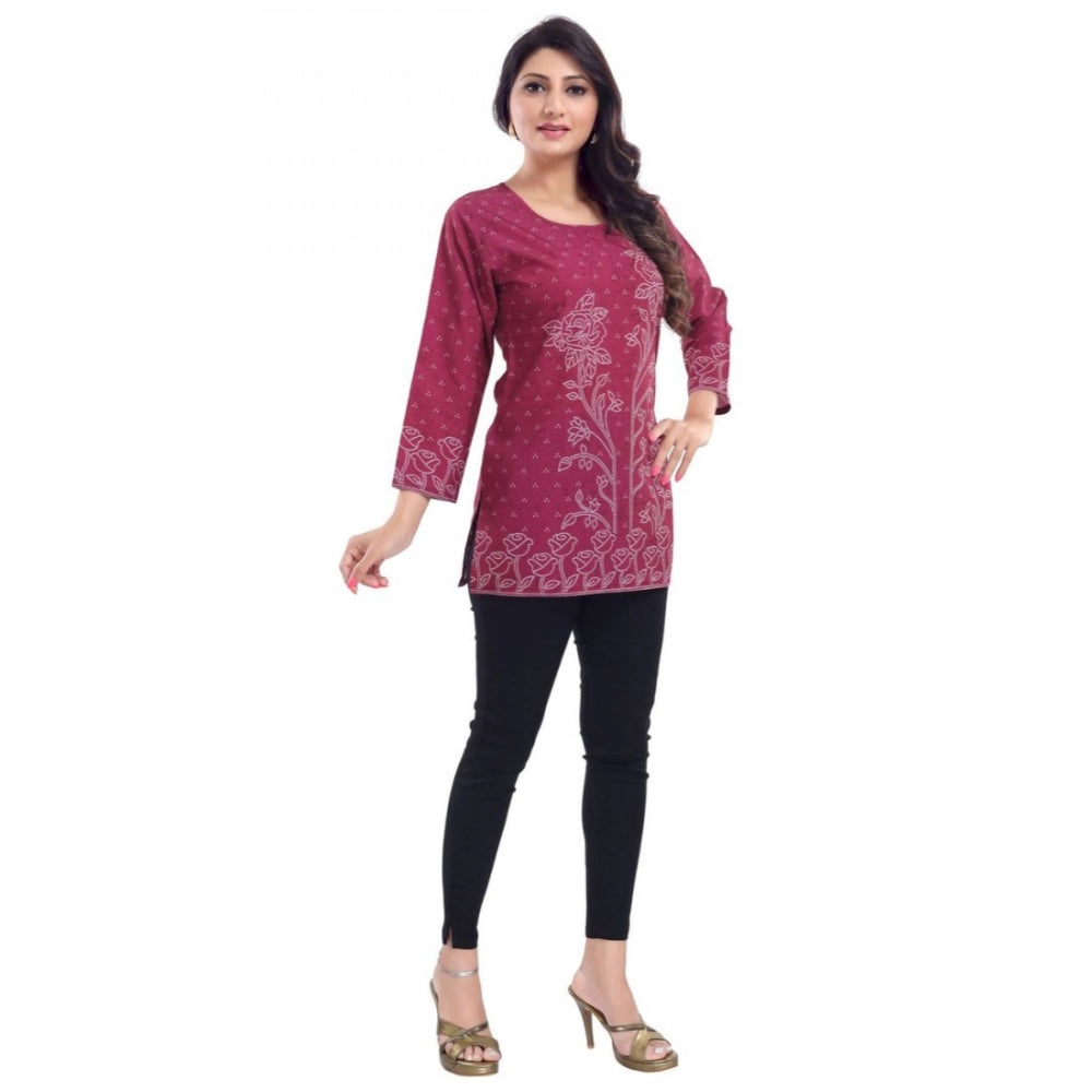 Generic Women's Quarter Sleeve Faux Crepe Printed Short Kurti Tunic Top (Color:Magenta)