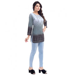 Generic Women's Quarter Sleeve Faux Crepe Printed Short Kurti Tunic Top (Color:Grey)