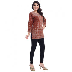 Generic Women's Quarter Sleeve Faux Crepe Printed Short Kurti Tunic Top (Color:Rust)