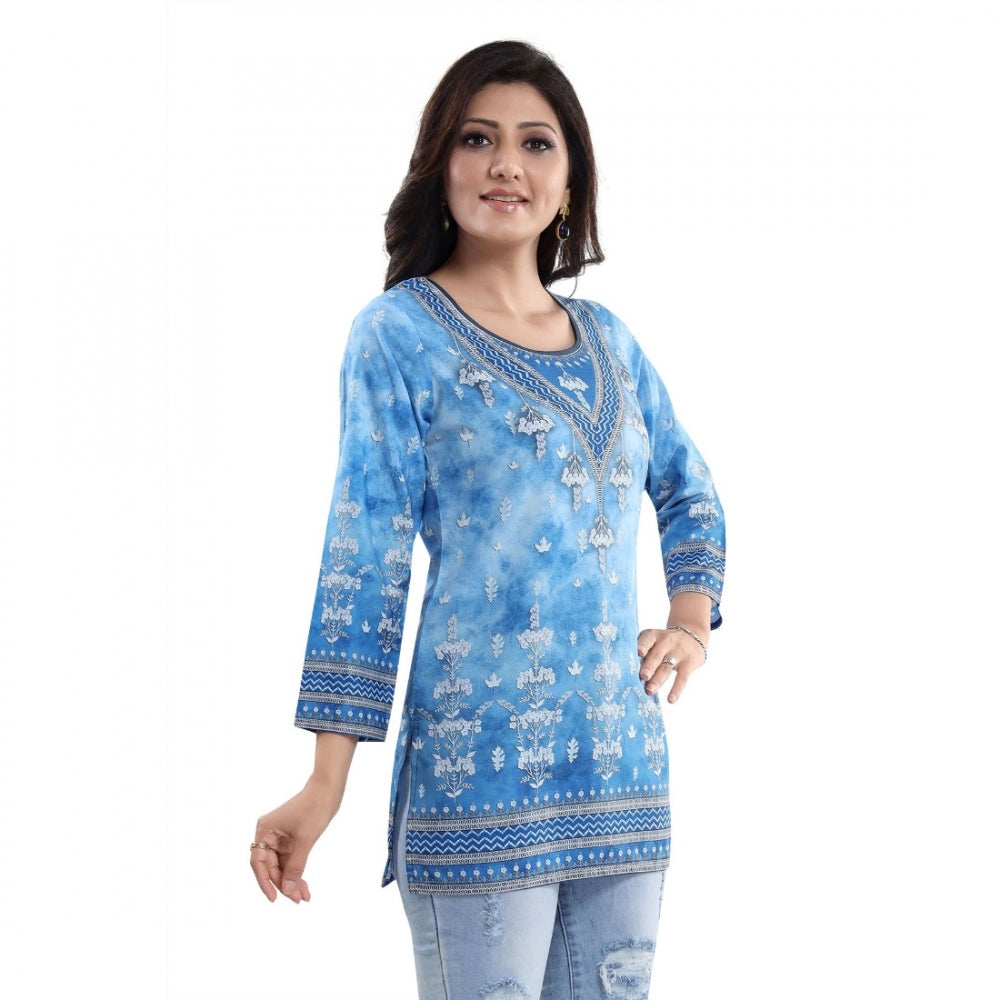 Generic Women's Quarter Sleeve Faux Crepe Printed Short Kurti Tunic Top (Color:Sky Blue)