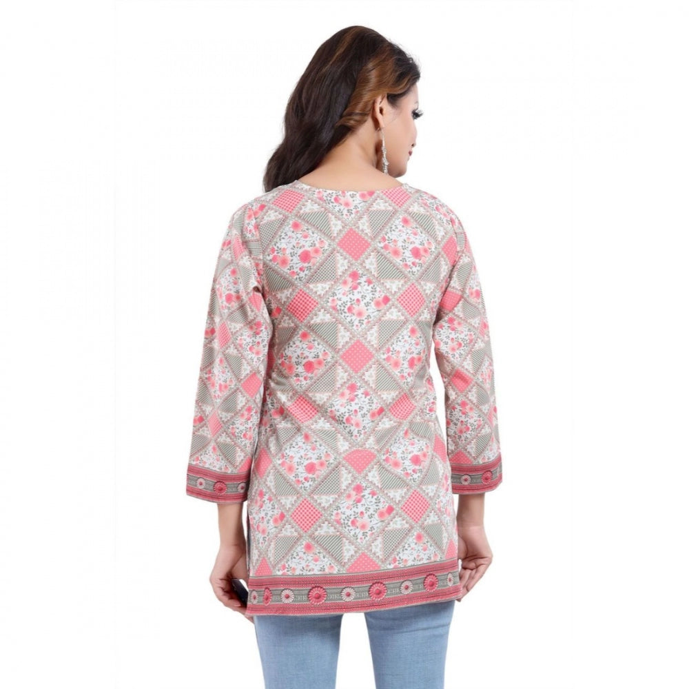 Generic Women's Quarter Sleeve Faux Crepe Printed Short Kurti Tunic Top (Color:Pink)