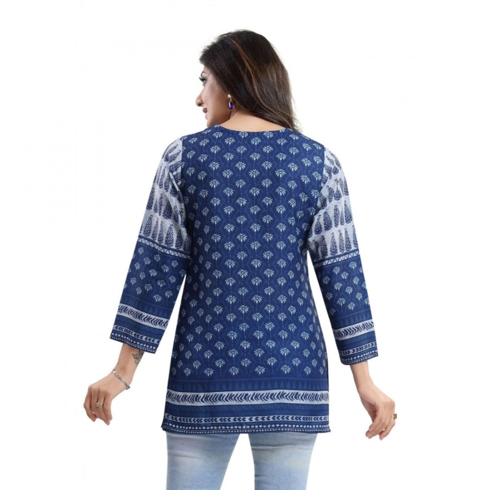 Generic Women's Quarter Sleeve Faux Crepe Printed Short Kurti Tunic Top (Color:Blue)