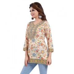 Generic Women's Quarter Sleeve Faux Crepe Printed Short Kurti Tunic Top (Color:Multicolor)