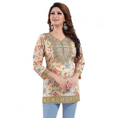 Generic Women's Quarter Sleeve Faux Crepe Printed Short Kurti Tunic Top (Color:Multicolor)