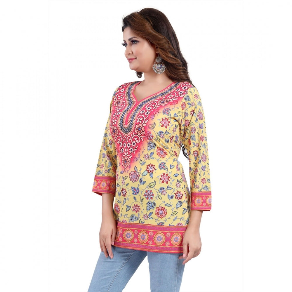 Generic Women's Quarter Sleeve Faux Crepe Printed Short Kurti Tunic Top (Color:Yellow)