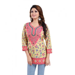 Generic Women's Quarter Sleeve Faux Crepe Printed Short Kurti Tunic Top (Color:Yellow)