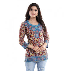 Generic Women's Quarter Sleeve Faux Crepe Printed Short Kurti Tunic Top (Color:Maroon)