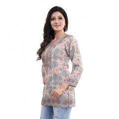 Generic Women's Quarter Sleeve Faux Crepe Printed Short Kurti Tunic Top (Color:Pastel)