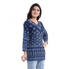 Generic Women's Quarter Sleeve Faux Crepe Printed Short Kurti Tunic Top (Color:Blue)