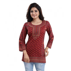 Generic Women's Quarter Sleeve Faux Crepe Printed Short Kurti Tunic Top (Color:Red)