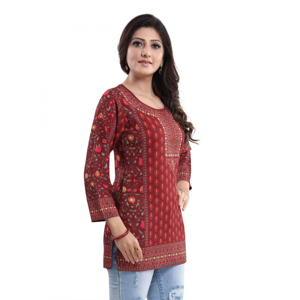 Generic Women's Quarter Sleeve Faux Crepe Printed Short Kurti Tunic Top (Color:Red)